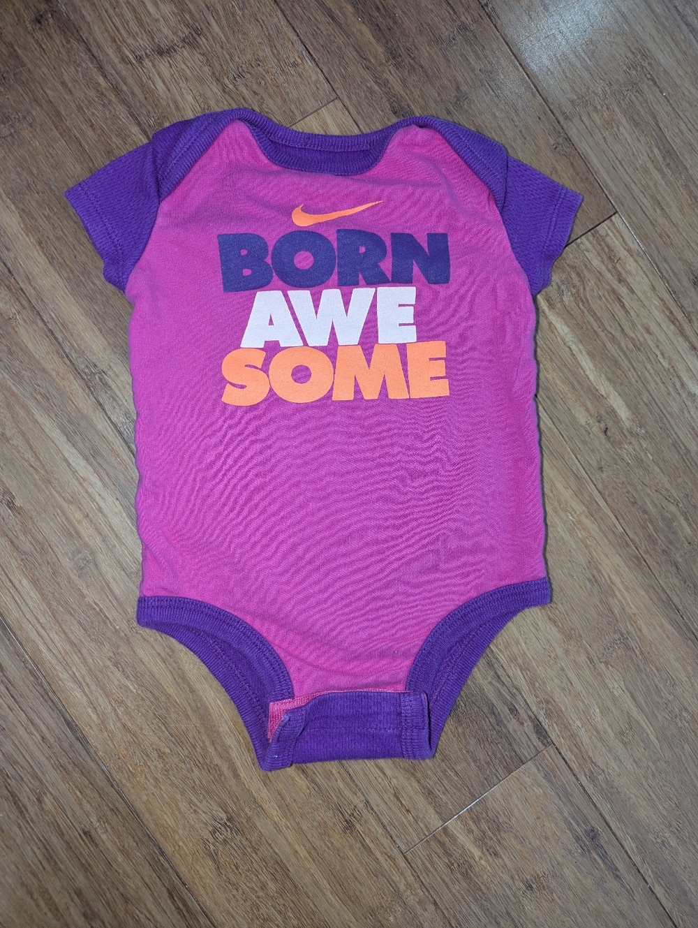 Nike Pink & Purple "Born Awesome" One-Piece Bodysuit for 0-3 months